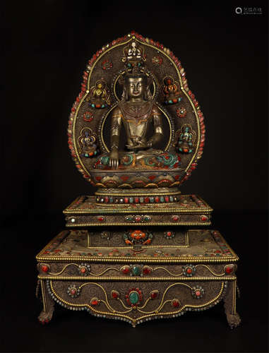 NEPALESE GEM STONE INLAID GILT BRONZE SEATED BUDDHA ON STAND