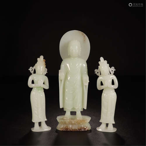 THREE CHINESE CELADON JADE STANDING BUDDHA