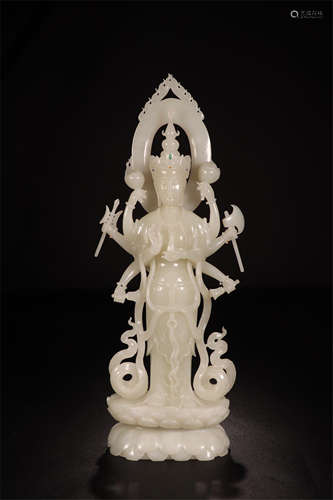 CHINESE GREY JADE STANDING SIX ARM BUDDHA