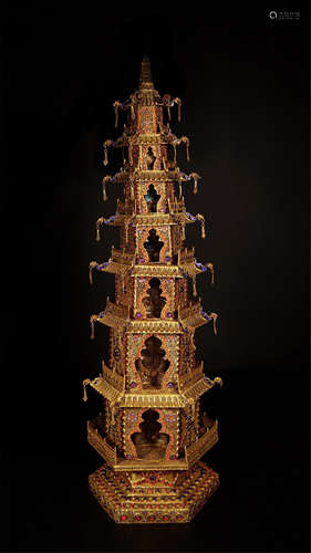 CHINESE GILT SILVER ENAMEL BUDDHIST TOWER NICHE