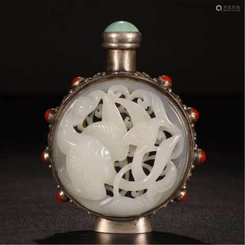 CHINESE WHITE JADE PLAQUE GEM STONE INLAID SILVER SNUFF BOTTLE