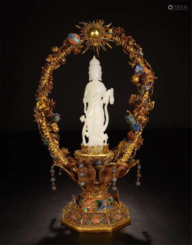 CHINESE WHITE JADE STANDING GUANYIN IN GILT SILVER ENAMEL NICHE