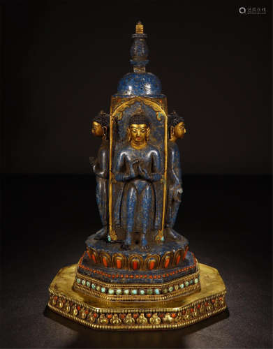 TIBETAN GEM STONE INLAID LAPIS THREE STANDING BUDDHA ON GILT BRONZE STAND
