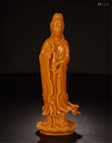 CHINESE RED SOAPSTONE STANDING GUANYIN