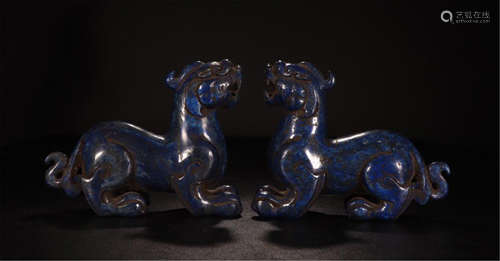 PAIR OF CHINESE LAPIS BEAST TABLE ITEMS