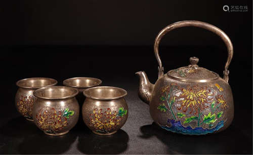 CHINESE SILVER ENAMEL TEA POT WITH FOUR CUPS