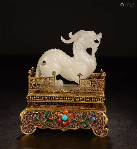 CHINESE WHITE JADE BEAST ON GILT SILVER ENAMEL BASE