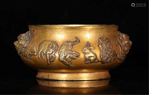 CHINESE GILT BRONZE TWEELVE ZODIAC ANIMAL LION HEAD HANDLE CENSER