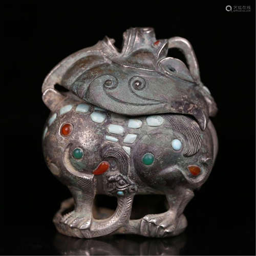 CHINESE GEM STONE INLAID SILVER BEAST INCENSE CAGE