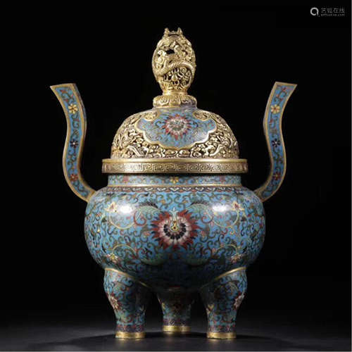 CHINESE CLOISONNE FLOWER TRIPLE FEET HANDLED LIDDED CENSER