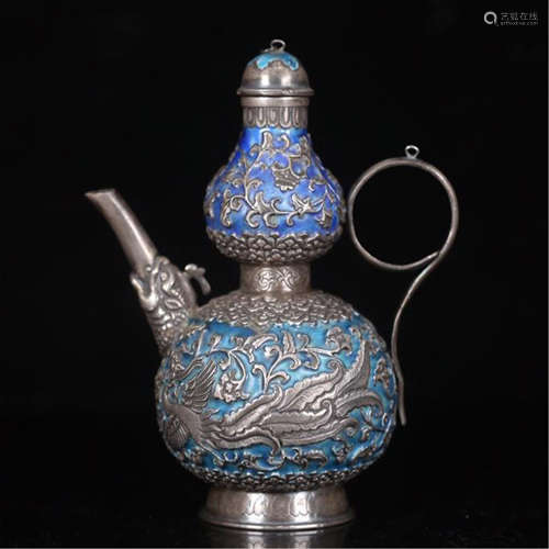 CHINESE SILVER ENAMEL DOUBLE GOURD KETTLE