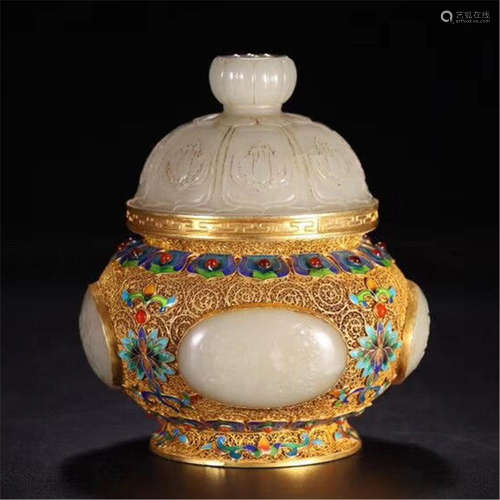 CHINESE GILT SILVER ENAMEL WHITE JADE LIDDED CENSER