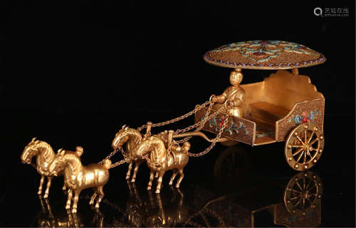 CHINESE GEM STONE INLAID GILT SILVER CART TABLE ITEM