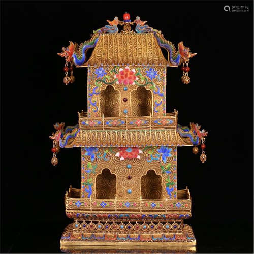 CHINESE GILT SILVER ENAMEL DRAGON PAVILION BUDDHIST NICHE