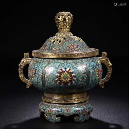 CHINESE CLOISONNE FLOWER DRAGON HANDLE LIDDED ROUND CENSER ON BASE