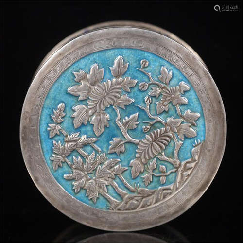 CHINESE SILVER ENAMEL FLOWER LIDDED ROUND BOX