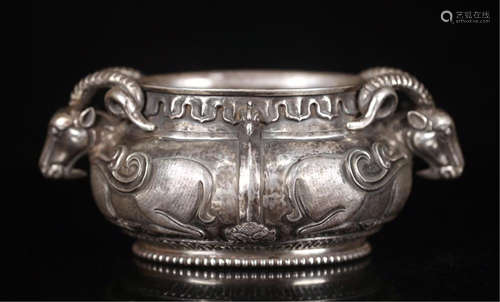 CHINESE SILVER RAM HANDLE ROUND CENSER