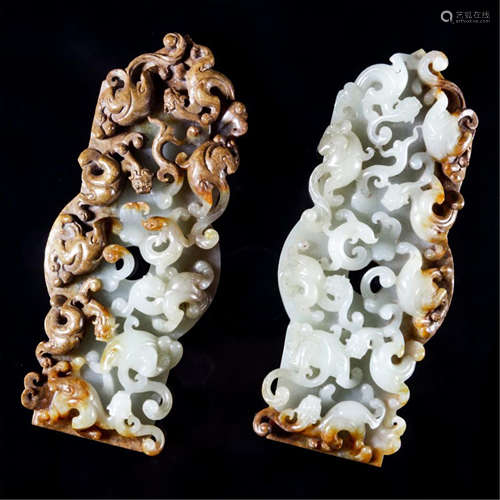 PAIR OF CHINESE CELADON JADE DRAGON PLAQUES