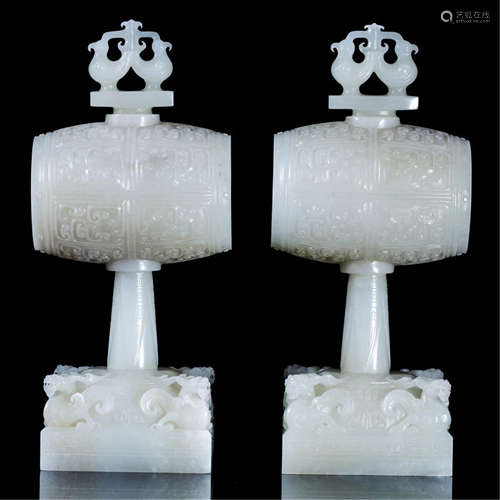 PAIR OF CHINESE WHITE JADE RITAL DRUM TABLE ITEM