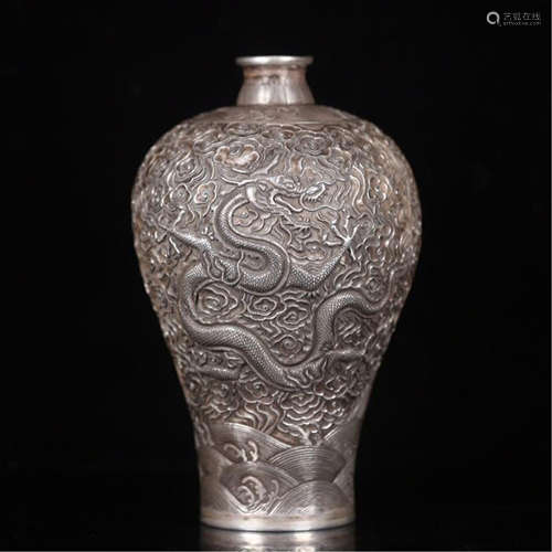 CHINESE SILVER DRAGON MEIPING VASE