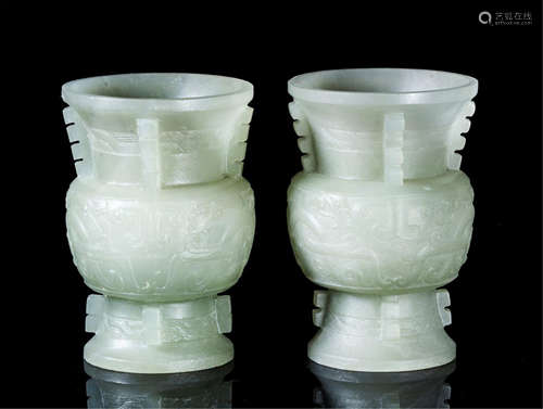 PAIR OF CHINESE CELADON JADE GU VASES