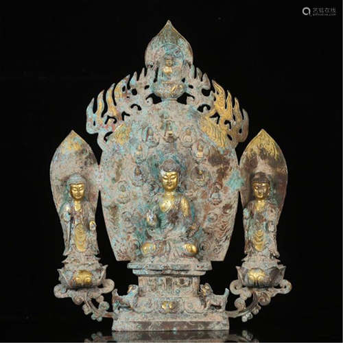 CHINESE GILT BRONZE SEATED BUDDHA ON LINKED NICHE