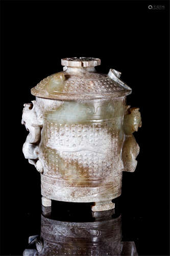 CHINESE ANCIENT JADE LIDDED DRAGON HANDLE CENSER