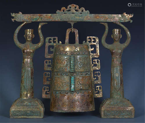 CHINESE GILT BRONZE ALTAR RITAL BELL WITH FIGURES FRAME