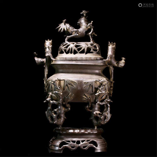 CHINESE BRONZE BAMBOO FOUR FEET SQUARE LIDDED CENSER