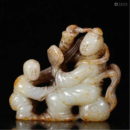 CHINESE ANCIENT JADE MAN WITH BOY TABLE ITEM