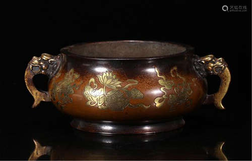 CHINESE GOLD INLAID BRONZE DRAGON HANDLE ROUND CENSER