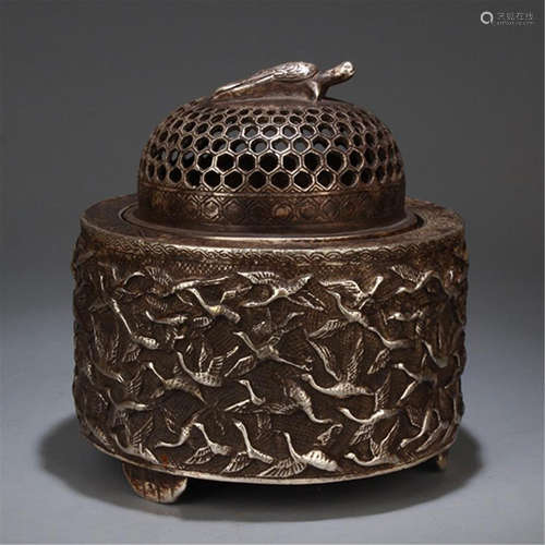 CHINESE SILVER BRONZE TURTLE LIDDED CRANE ROUND CENSER