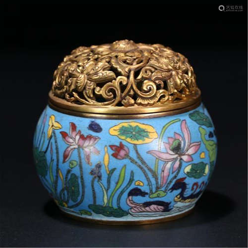 CHINESE CLOISONNE DUCK AND LOTUS GILT BRONE LIDDED ROUND CENESR