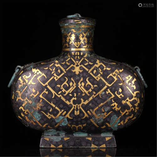 CHINESE GOLD INLAID BRONZE FLATTEN VASE