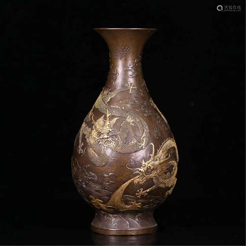 CHINESE PARTLY GILT BRONZE DRAGON YUHUCHUN VASE