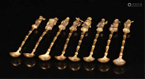 EIGHT TIBETAN GILT BRONZE IMMRTALS LONG HANDLE SPOON