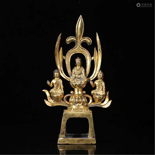 CHINESE GILT BRONZE SEATED BUDDHA ON LINKED BENCH STAND