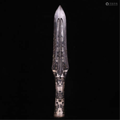 CHINESE SILVER GOLD INLAID BRONZE SPEAR HEAD