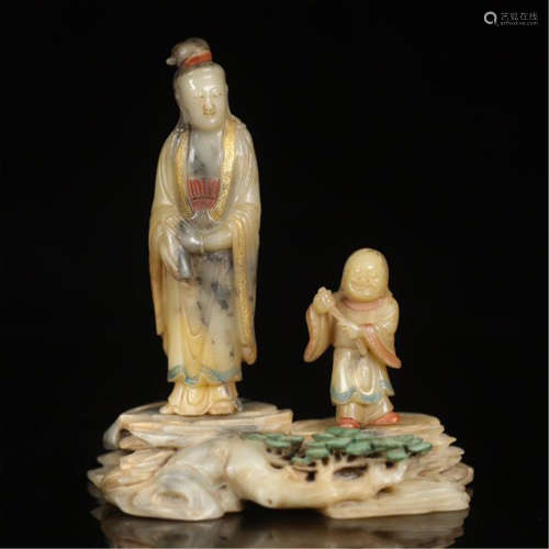CHINESE COLOR PAINTED SOAPSTONE GUANYIN WITH BOY TABLE ITEM