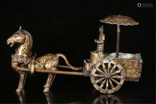 CHINESE SILVER GOLD INLAID BRONZE CART TABLE ITEM