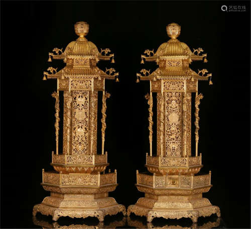 PAIR OF CHINESE GILT BRONZE PAVILION FLOOR INCENSE CAGE