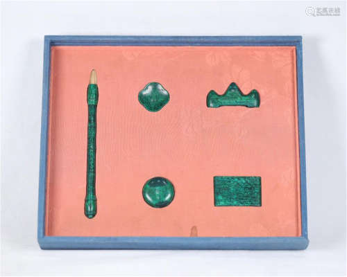 FIVE CHINESE GREEN DYED WALRUS TEETH SCHOLAR'S OBJECT