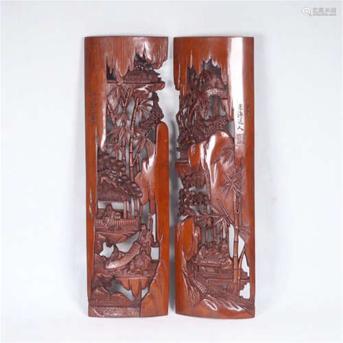 PAIR OF CHINESE BAMBOO MEN IN BAMBOO SCHOLAR'S ARM REST