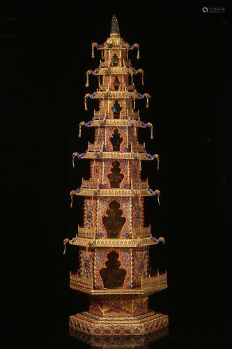 CHINESE GEM STONE INLAID GILT SILVER ENAMEL TOWER BUDDHIST NICHE