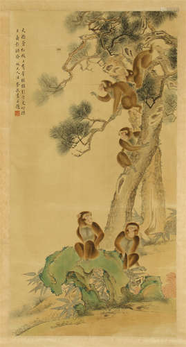 CHINESE SCROLL PAINTING OF MONKEY ON TREE