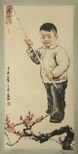 CHINESE SCROLL PAINTING OF BOY PLAYING FIREWORKS