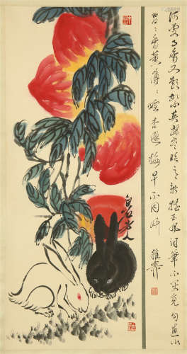 CHINESE SCROLL PAINTING OF RABBIT AND PEACH WITH CALLIGRAPHY