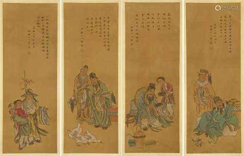 FOUR PANELS OF CHINESE SCROLL PAINTING OF FIGURES WITH CALLIGRAPHY