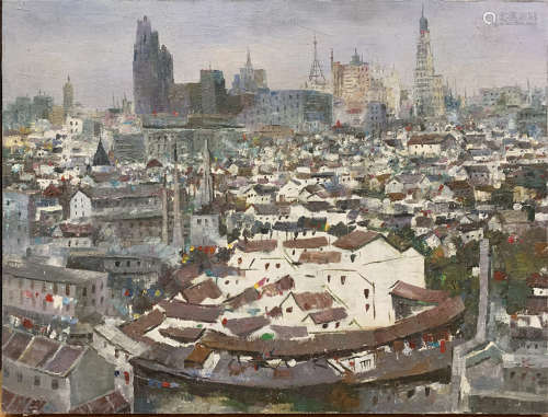 CHINESE OIL PAINTING OF CITY SIGHTS ON CANVAS