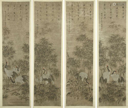 FOUR PANELS OF CHINESE SCROLL PAINTING OF CRANE AND BAMBOO